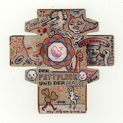 Fettfleck und Hase, 2006, Farbstift, Kugelschreiber, Deckweiss auf Maggiwürfelpackungsabwicklung, 16x17cm